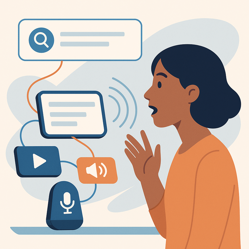 Usuario realizando una búsqueda por voz con resultados en texto, audio y vídeo.