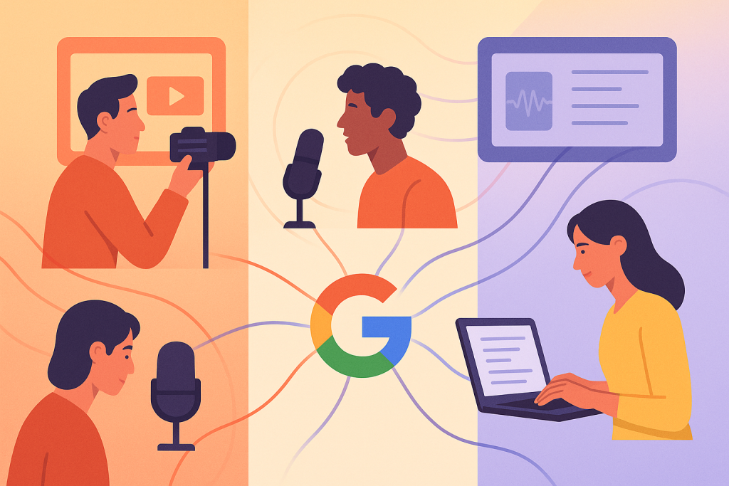 Creador de vídeo, narrador y redactor conectados por red de datos multimodales.