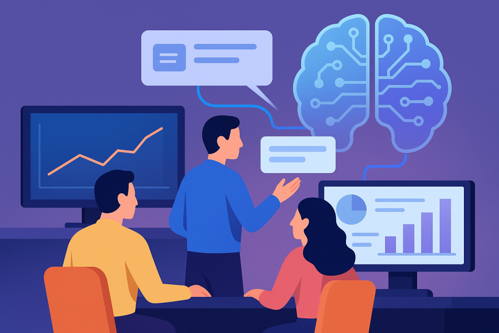 Equipo de marketing analizando métricas con apoyo visual de una inteligencia artificial.