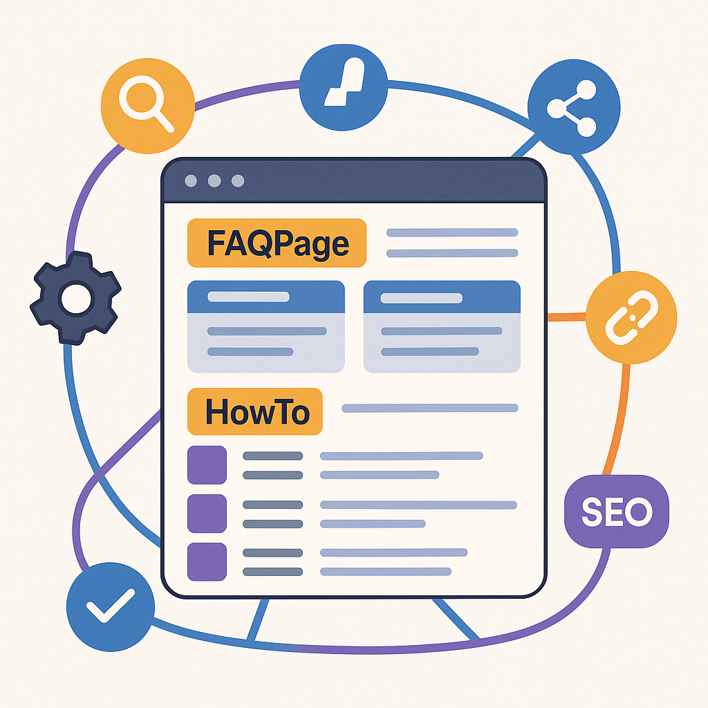Página web con bloques FAQ y datos estructurados interconectados para SEO técnico