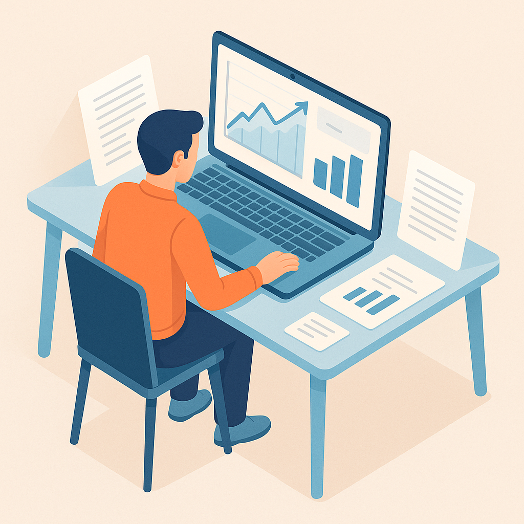 Analista mostrando caso SEO con gráficos y datos en su portátil.