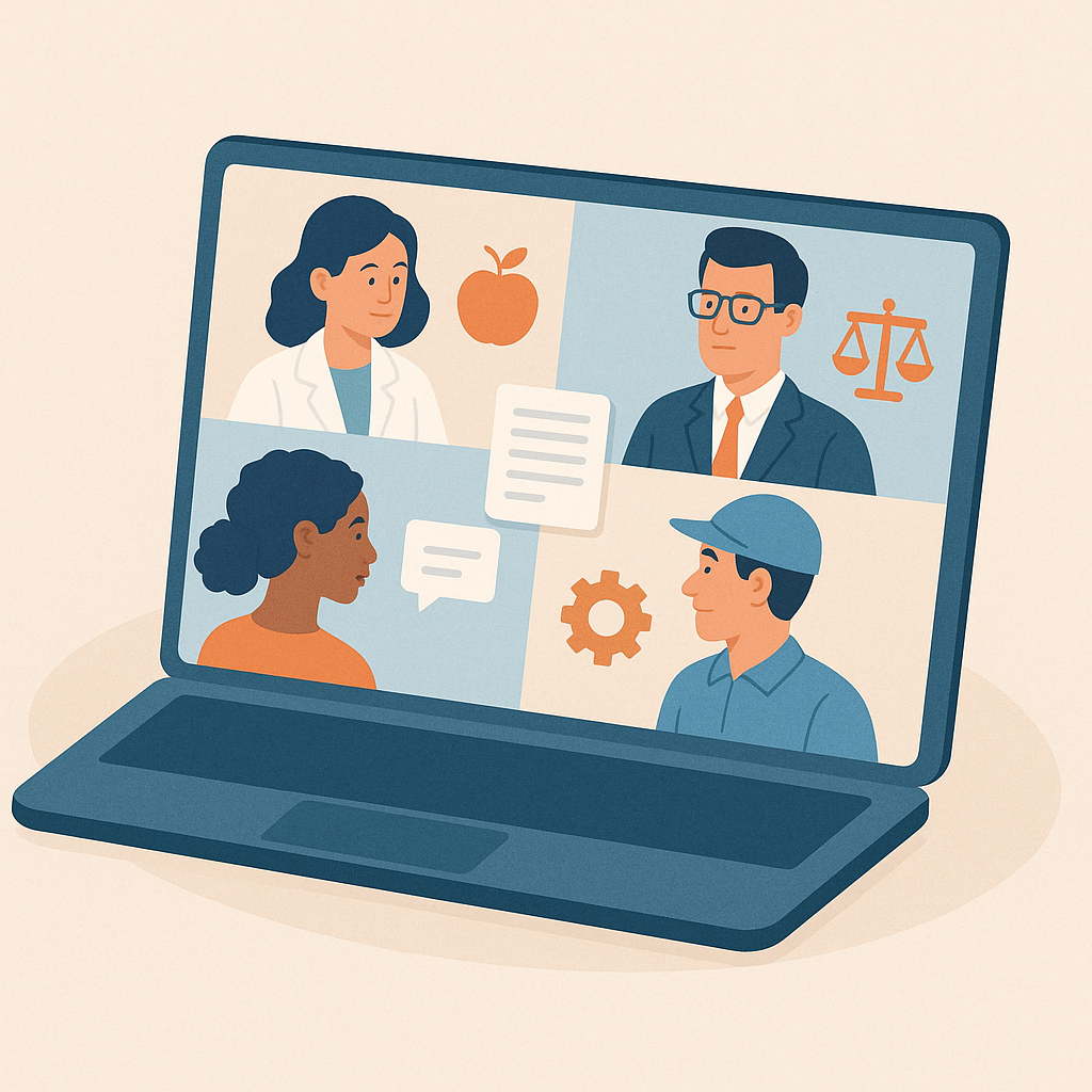 Grupo de especialistas colaborando en videollamada compartiendo conocimiento.