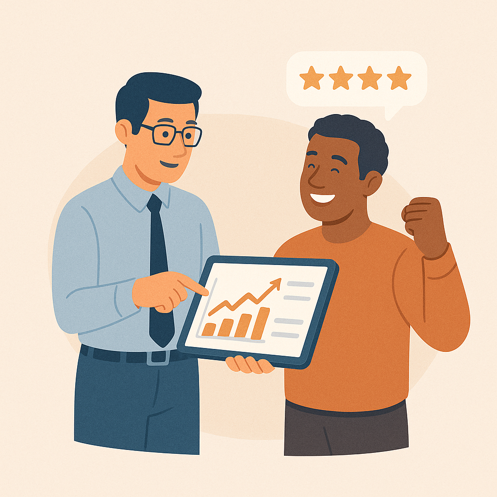 Consultor SEO mostrando resultados y reseñas a cliente satisfecho.