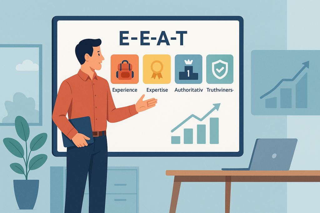 Profesional SEO presenta pilares E-E-A-T frente a panel con gráficas y símbolos de autoridad.