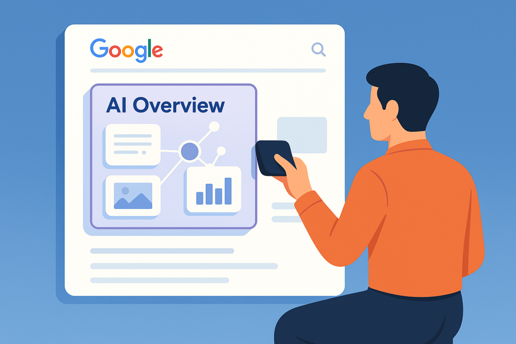 Experto SEO visualizando contenido destacado como AI Overview en interfaz de Google.