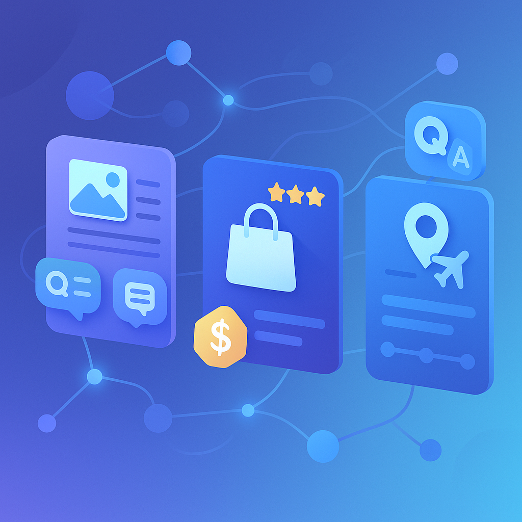  Ejemplos de schema generativo aplicados a blog, tienda online y web de viajes.