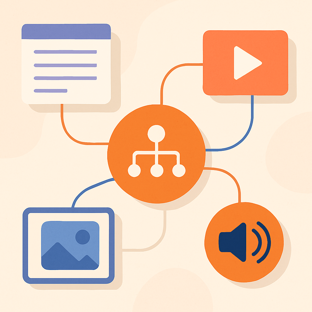  Contenido multimodal conectado a una entidad central en un ecosistema digital.