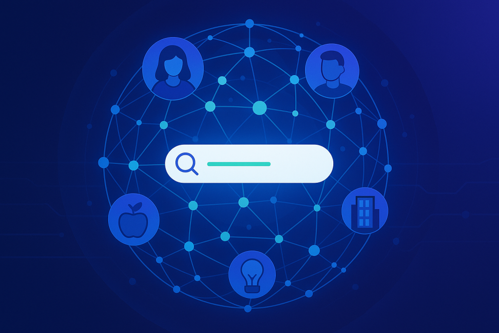 Red semántica de entidades conectadas en un gráfico digital.