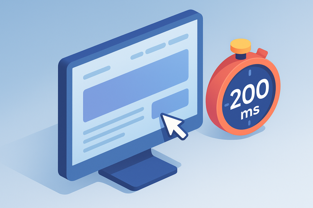 Ilustración isométrica de una web optimizada mostrando respuesta rápida en menos de 200 ms.