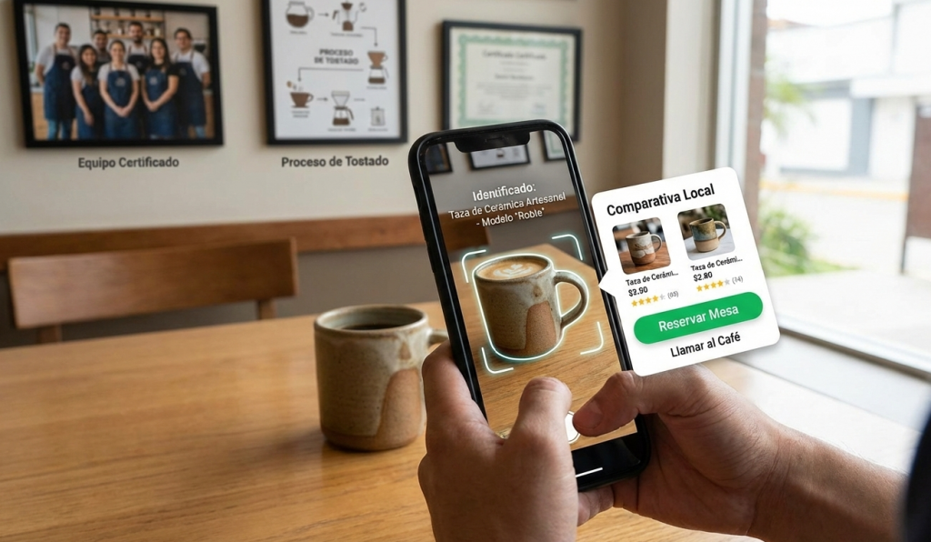 Cámara identifica un objeto y muestra resultado local con comparativa y acciones de llamar o ruta, con señales de confianza.