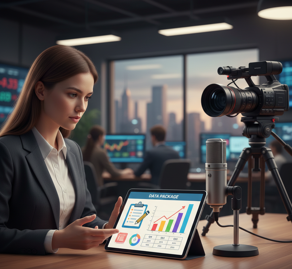 Persona preparando un informe de datos y contenido para prensa con micrófono y cámara en escritorio