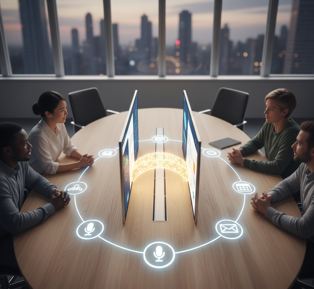 Equipos colaborando y conectando comunidades con piezas tipo puzzle que simbolizan alianzas y difusión